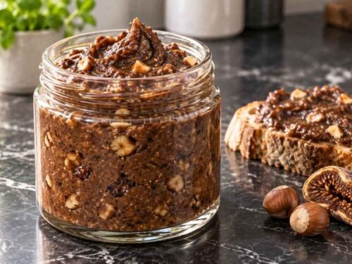 Feigenaufstrich mit Haselnüssen im Schraubglas mit Vollkornbrot