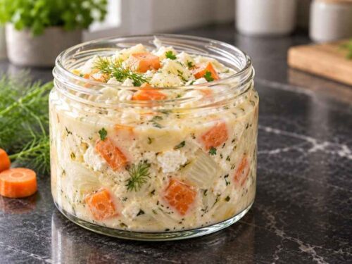 Cremige Fetakäse-Gemüse-Sauce mit Möhren und Fenchel im Topf, serviert mit Nudeln