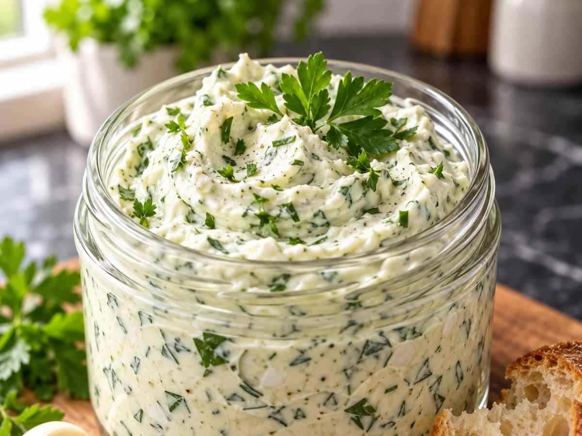 Nahaufnahme vom cremigen Frischkäse-Kräuter-Dip mit fein gehackter Petersilie und Schnittlauch