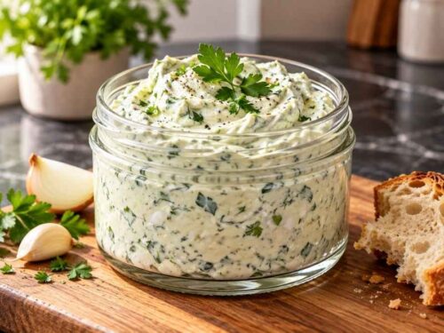 Frischkäse-Kräuter-Dip in einer Schale auf dem Küchentisch, daneben Bauernbrot, Gurken- und Karottensticks
