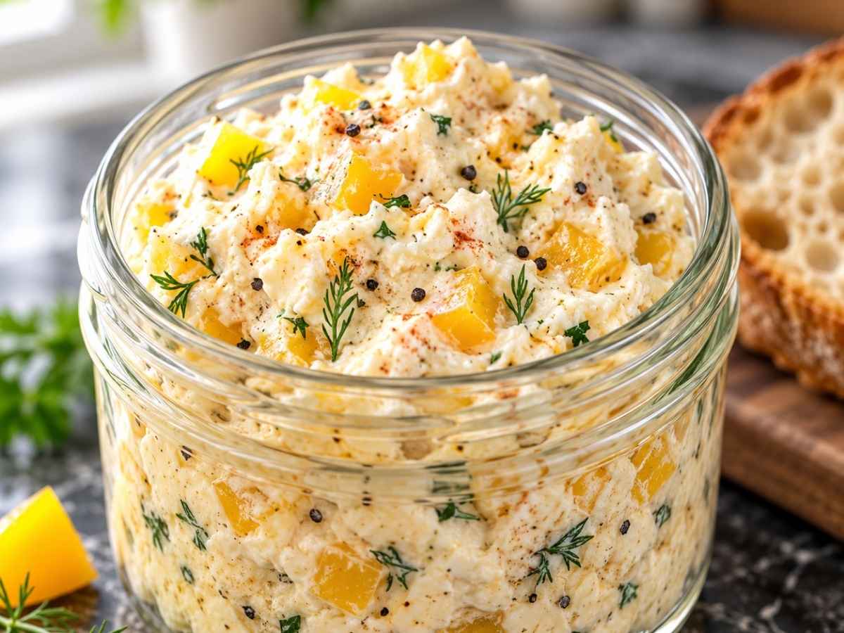 Nahaufnahme vom cremigen Frischkäse-Paprika-Dip mit gelben Paprikawürfeln, Dill und Petersilie
