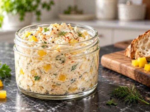Frischkäse-Paprika-Dip in einer Schüssel mit Gurkensticks, Möhren und Laugenbrezeln auf dem Tisch