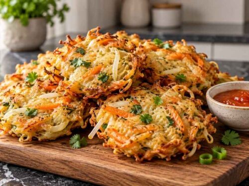 Frittierte indonesische Gemüsepuffer mit Sriracha-Ketchup-Dip auf einem Teller