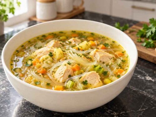 Frühstückssuppe mit gedämpftem Huhn, asiatische Brühe mit Glasnudeln im Topf