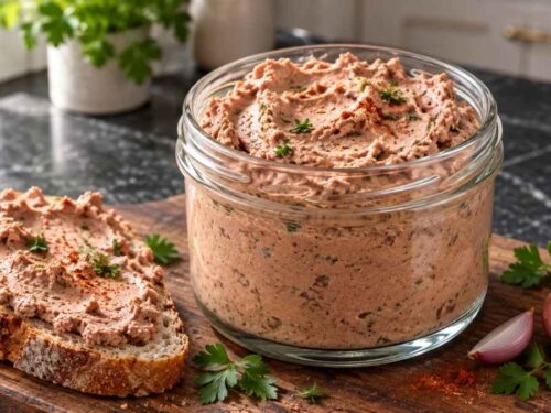 Selbstgemachte Geflügelleberwurst im Glas, serviert mit frischem Bauernbrot