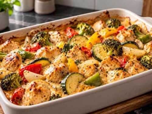 Gemüse-Hähnchen-Auflauf mit Paprika, Zucchini und Brokkoli in einer Auflaufform