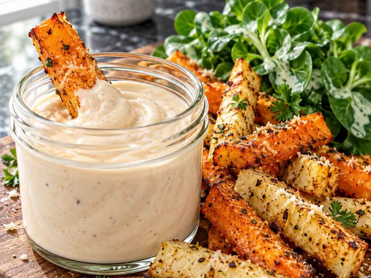 Gemüsepommes mit Dip und Salat 2 Nahaufnahme von Gemüsepommes mit Dip und Salat, Möhren- und Kohlrabistifte mit goldgelber Parmesankruste