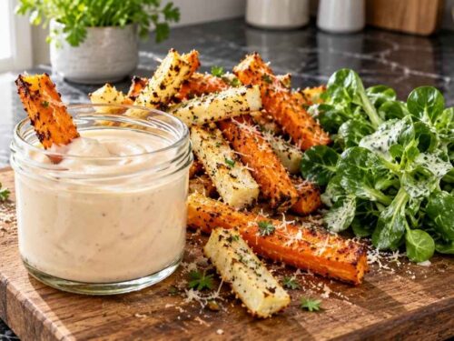 Gemüsepommes mit Dip und Salat: knusprige Möhren- und Kohlrabistifte mit Aioli und Feldsalat auf einem Teller
