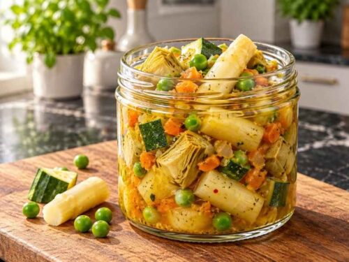 Gemüsesauce mit Spargel, Zucchini und Erbsen in einer Pfanne
