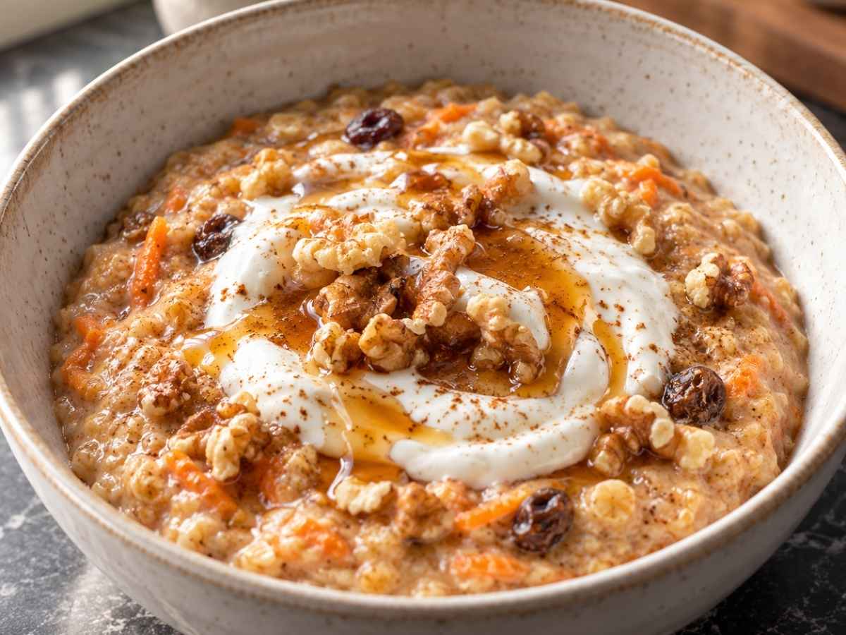 Nahaufnahme von cremigem Karotten-Porridge mit Zimt und Joghurt-Creme