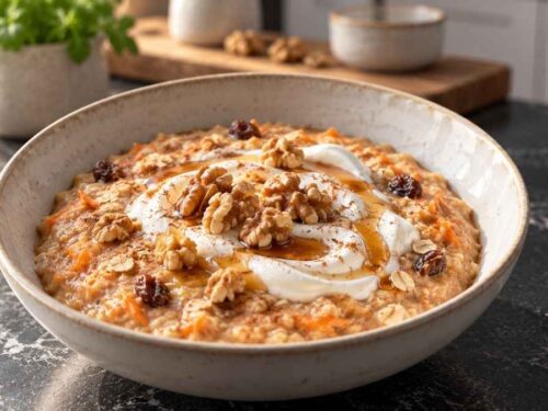 Gewürz-Karotten-Porridge Gewürz-Karotten-Porridge mit Joghurt-Zitronen-Creme, Walnüssen und Ahornsirup in Schalen