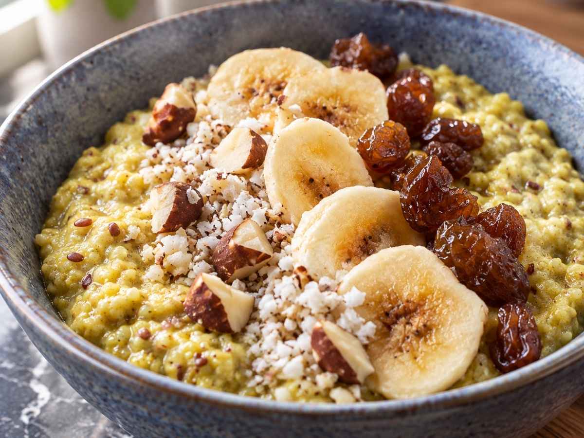 Cremiger Gewürz-Porridge in Nahaufnahme mit Kardamom und Vanille