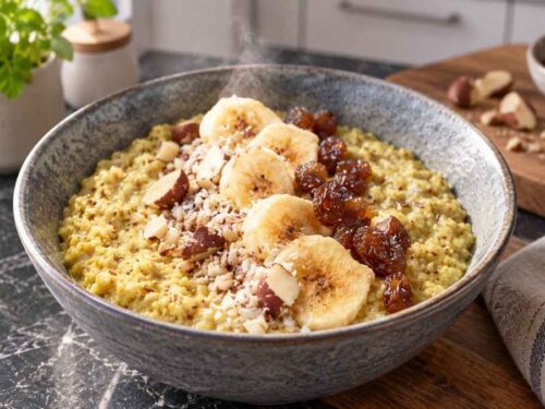 Gewürz-Porridge mit Zimt, Rosinen und Bananenchips in weißer Schale