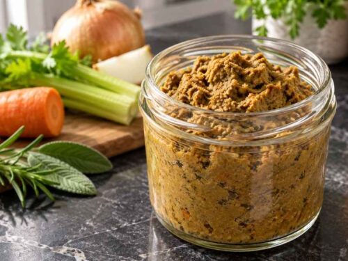 Selbst gemachte Gewürzpaste für Fleischbrühe in einem offenen Schraubglas auf Holzbrett