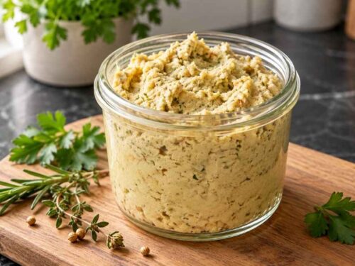 Gewürzpaste für Hühnerbrühe Selbstgemachte Gewürzpaste für Hühnerbrühe in einem Schraubglas auf einem Holzbrett