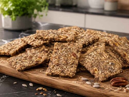 Glutenfreies Low Carb Knäckebrot in Stücken auf dem Backblech