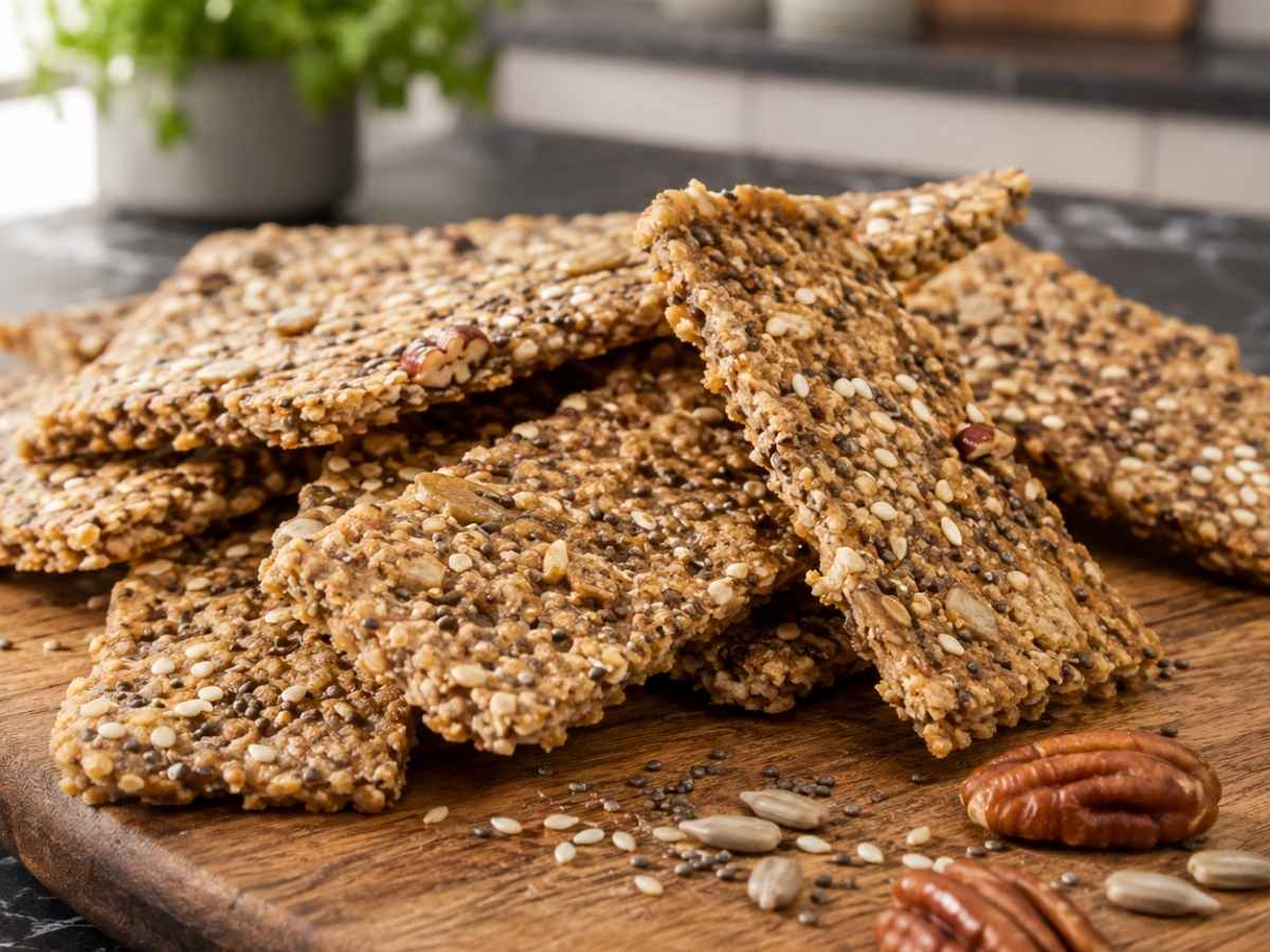 Nahaufnahme eines Stücks Glutenfreies Low Carb Knäckebrot mit Frischkäse bestrichen