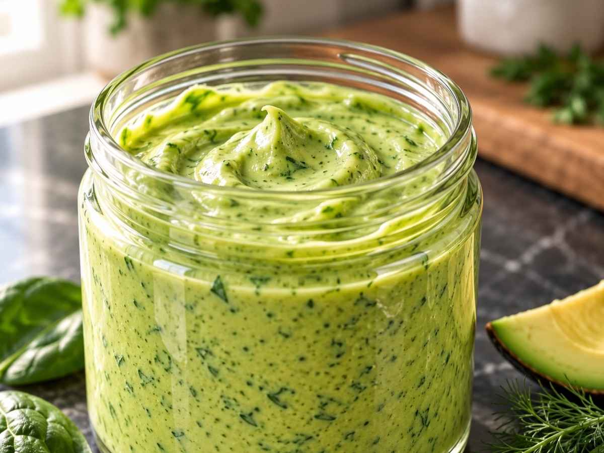 Nahaufnahme der cremigen Green Goddess Hollandaise mit Kräutern und Avocado