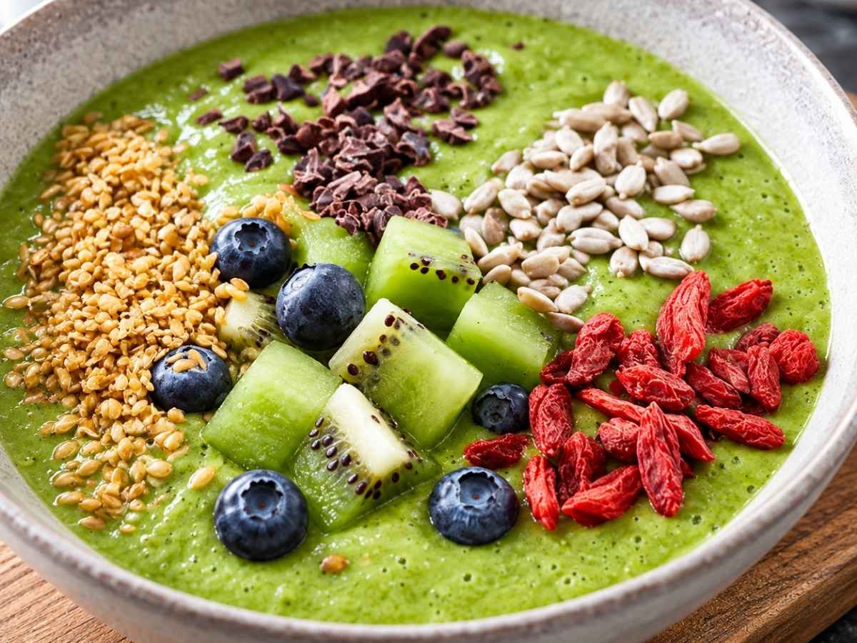 Nahaufnahme der Green Smoothie Bowl mit Gojibeeren, Kakaonibs, Leinsamen und Heidelbeeren