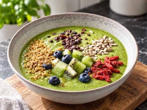 Zwei Schalen Green Smoothie Bowl mit Gojibeeren, Kiwiwürfeln, Heidelbeeren und Sonnenblumenkernen