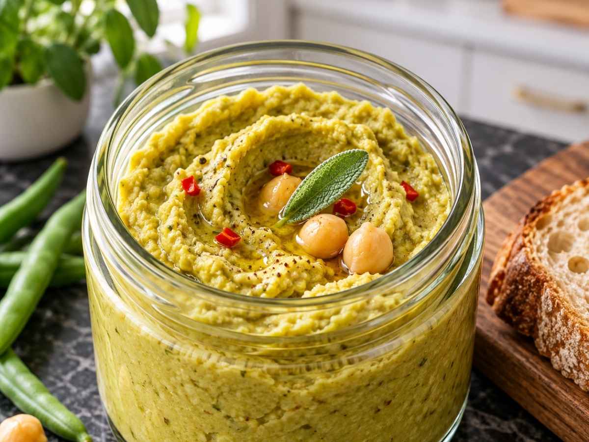 Grüne Bohnen-Hummus 2 Cremige Textur von Grüne Bohnen-Hummus mit Kichererbsen und Chili garniert