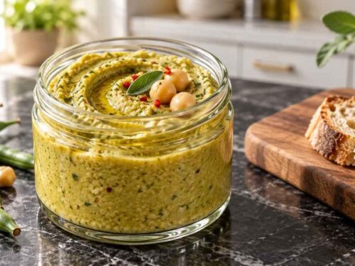 Grüne Bohnen-Hummus cremig angerichtet mit Fladenbrot und Gemüsesticks