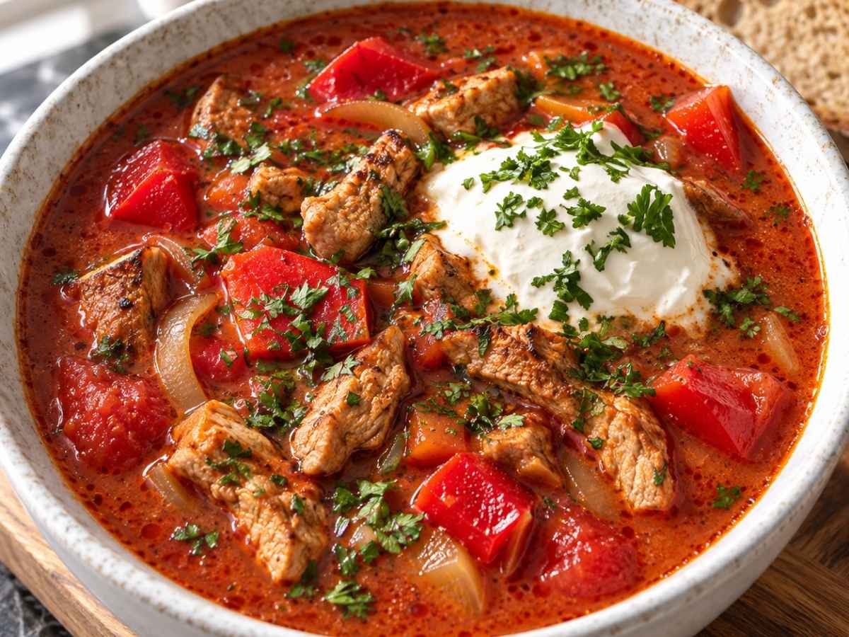 Nahaufnahme von Gyros-Paprika-Suppe mit Geschnetzeltem, Paprikawürfeln und einem Klecks Schmand