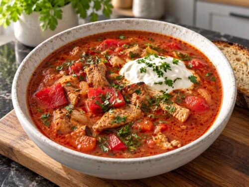 Gyros-Paprika-Suppe mit Schmand und Petersilie im Suppenteller, Weitwinkelaufnahme