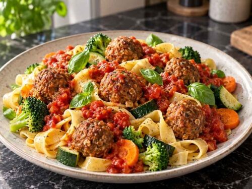 Hackbällchen in Tomatensauce mit Frühlingsgemüse und Nudeln auf einer Servierplatte