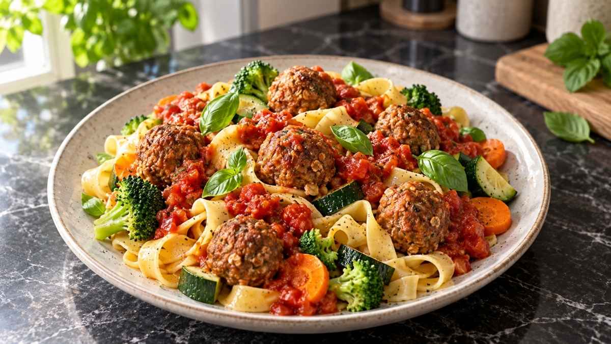 Hackbällchen in Tomatensauce mit Frühlingsgemüse und Nudeln auf einer Servierplatte
