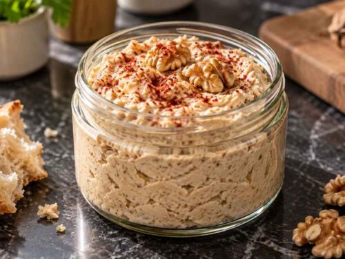 Hähnchen-Walnuss-Dip in einer Schüssel mit Chiliflocken bestreut, umgeben von Fladenbrot