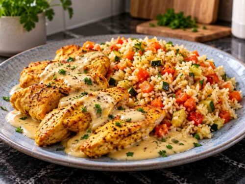 Hähnchen mit Gemüsereis und cremiger Petersiliensoße angerichtet auf dem Esstisch