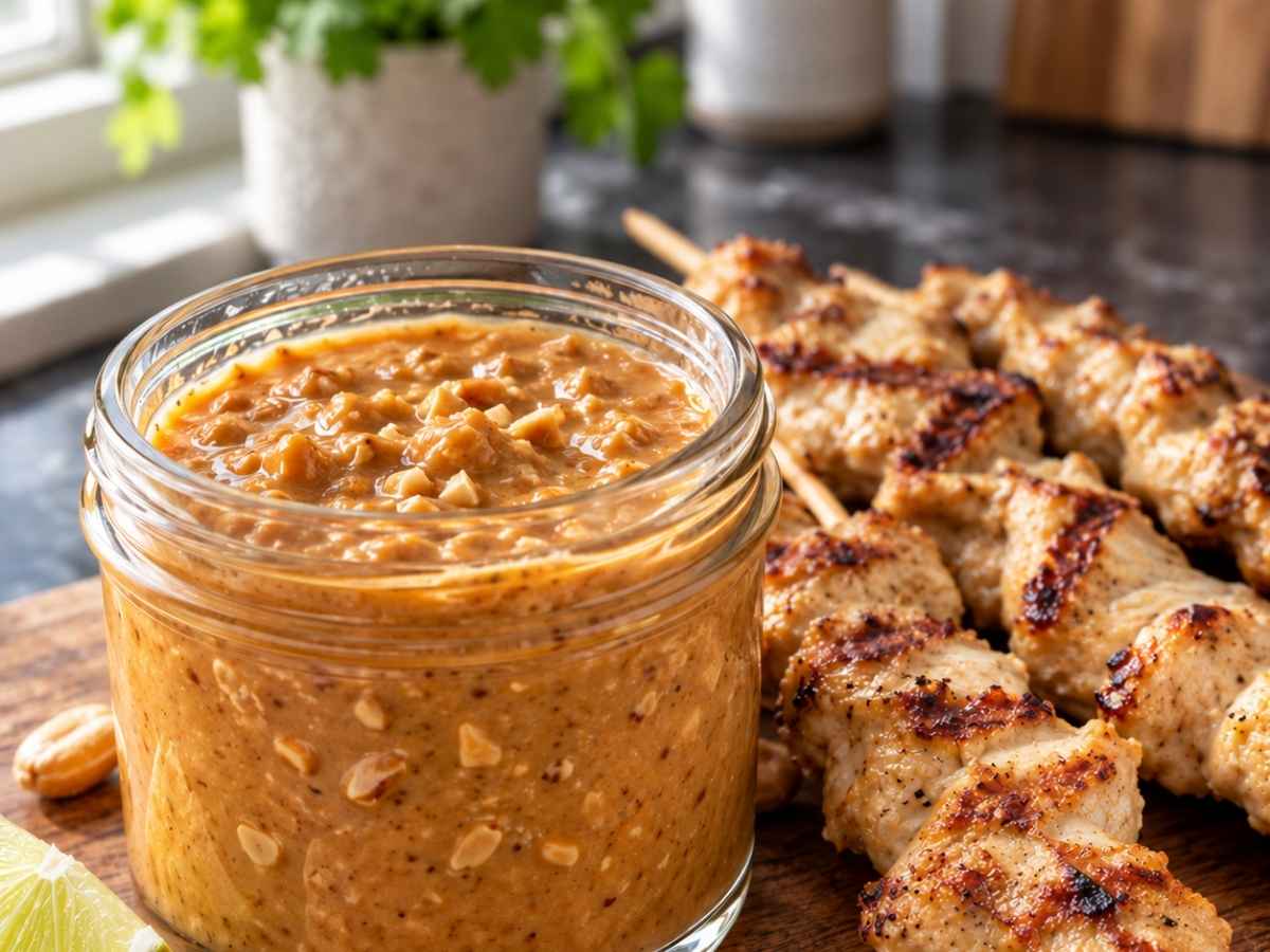 Hähnchenspieße mit Erdnuss-Sauce 2 Nahaufnahme eines Hähnchenspießes, in cremige Erdnuss-Sauce getunkt