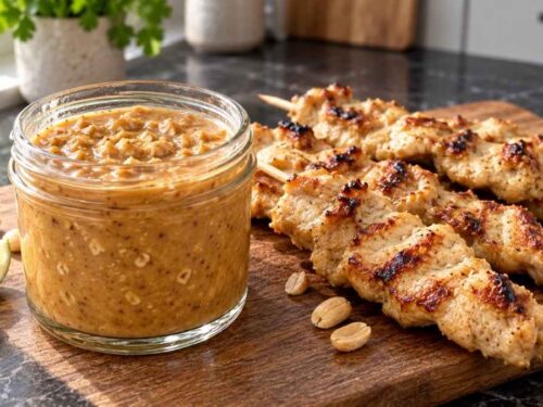 Hähnchenspieße mit Erdnuss-Sauce auf einer Platte, goldbraun gebraten