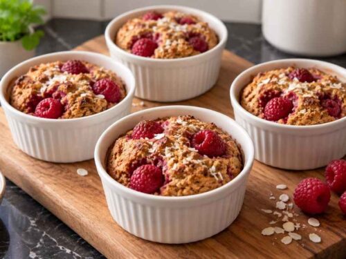 Haferflockenküchlein mit Himbeeren und Kokos in Souffléförmchen auf einem gedeckten Frühstückstisch