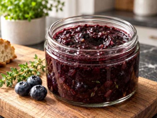 Heidelbeer-Chutney mit Thymian in Schraubgläsern auf dem Küchentisch
