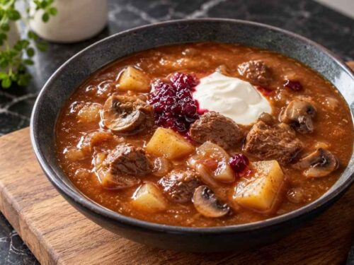 Hirschgulasch-Suppe Herzhafte Hirschgulasch-Suppe mit Kartoffeln, Champignons und Preiselbeeren in einer Suppenschüssel