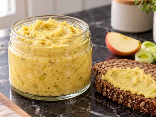 Cremiger Hirseaufstrich mit Apfel und Porree in einer Schüssel, dekoriert mit frischem Radieschen