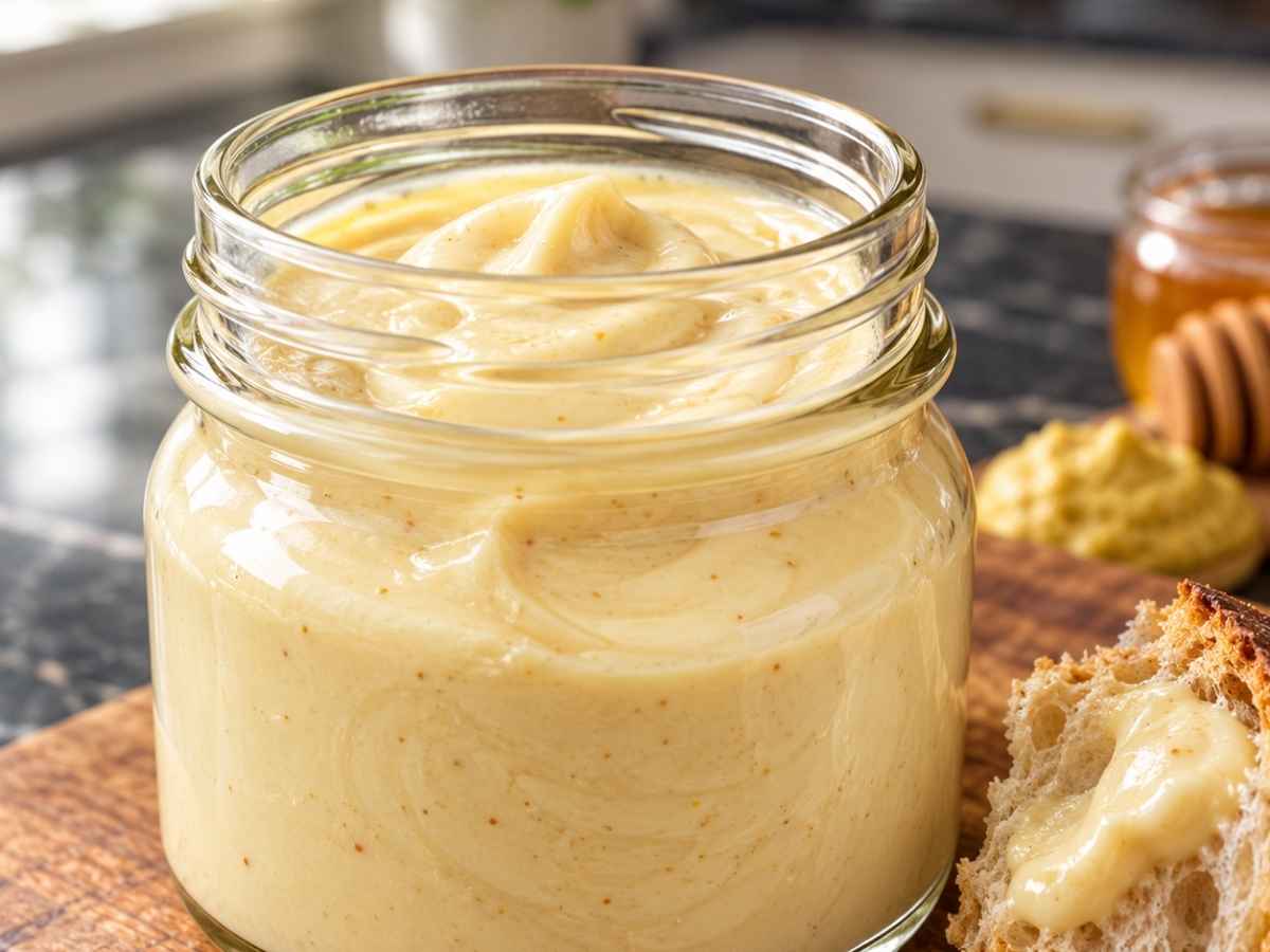 Nahaufnahme vom hellgelben, cremigen Honig-Senf-Dip mit einer Prise Cayennepfeffer
