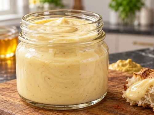 Honig-Senf-Dip in einer Schale mit Burgern, Ofenpommes und Grillgemüse auf dem Tisch