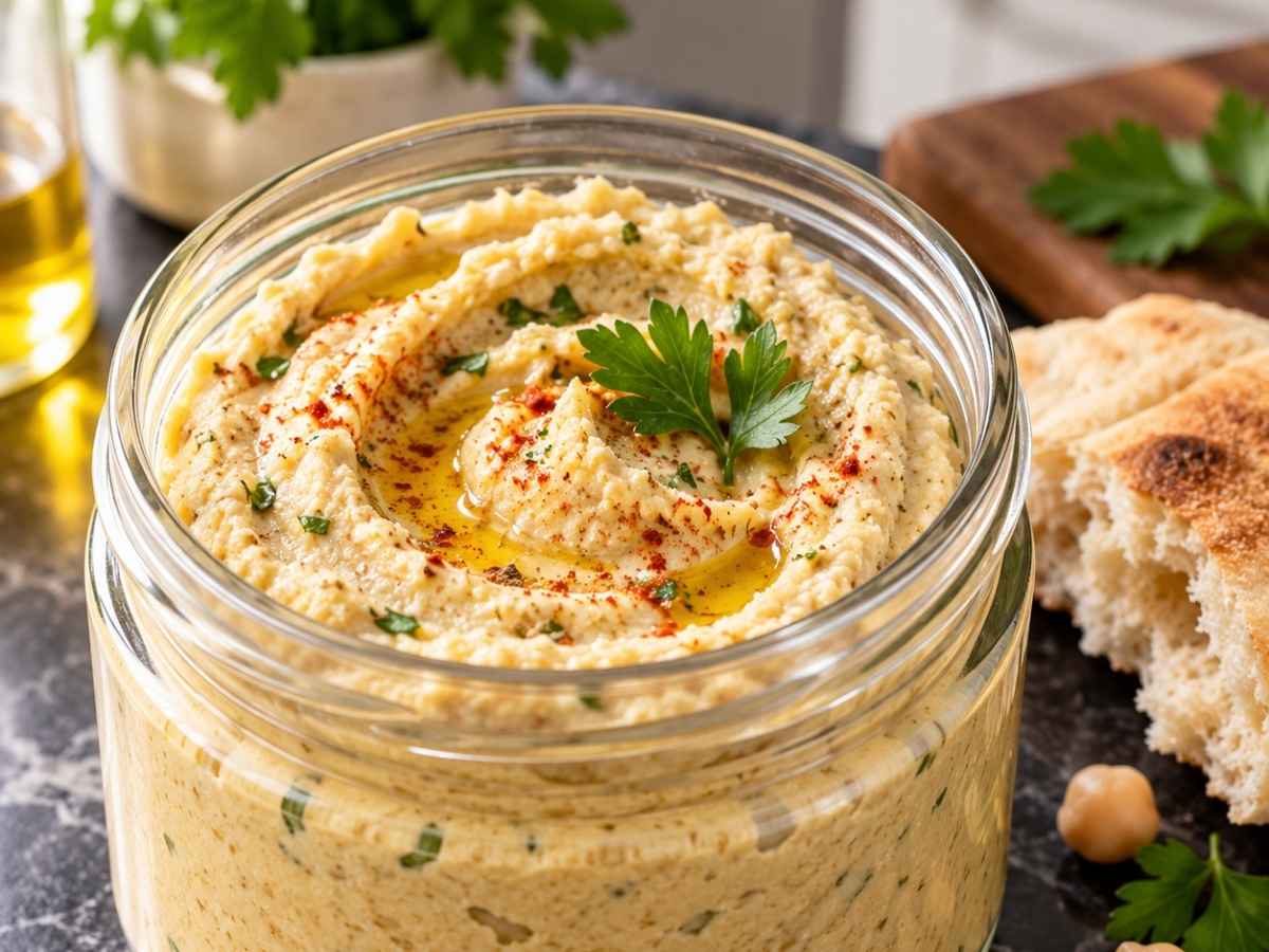 Nahaufnahme von cremigem Hummus mit sichtbarer Struktur, Petersilie und einem Spritzer Olivenöl auf der Oberfläche