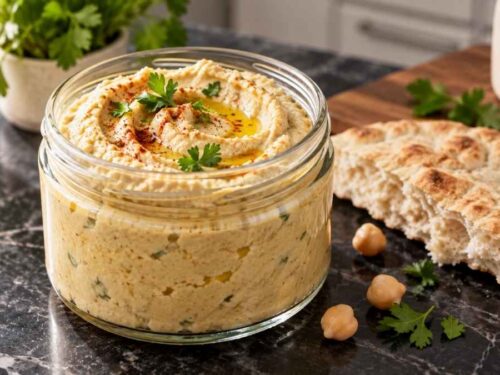 Cremiger selbstgemachter Hummus in einer Schüssel, beträufelt mit Olivenöl und bestreut mit Petersilie, daneben Fladenbrot