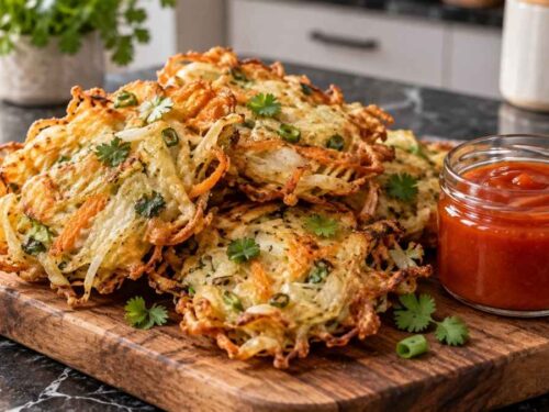 Indonesische Gemüsepuffer Indonesische Gemüsepuffer knusprig frittiert und mit Sriracha-Ketchup-Dip auf einem Teller angerichtet