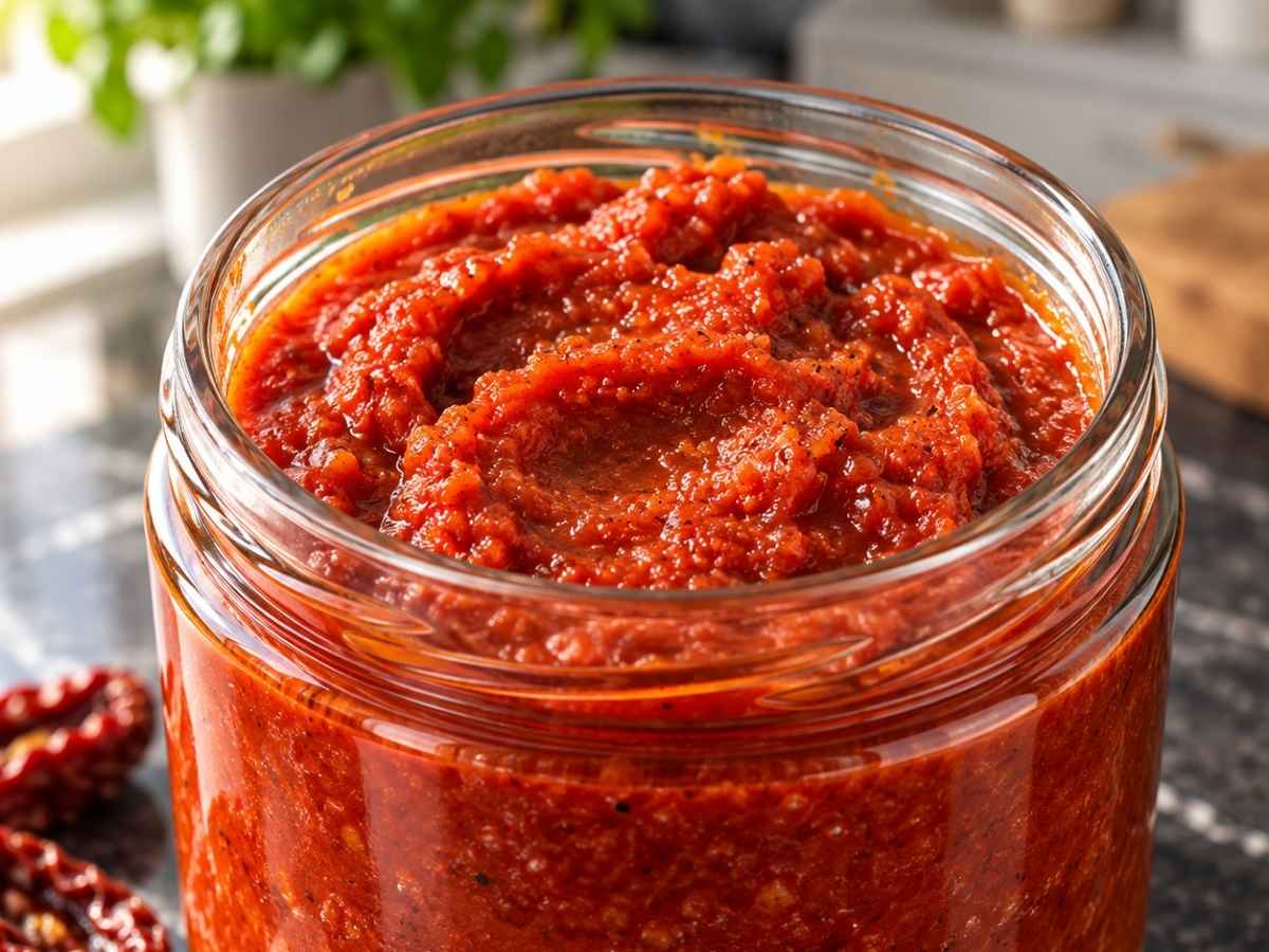 Italienische Tomatensauce über Spaghetti, Nahaufnahme der cremigen Konsistenz