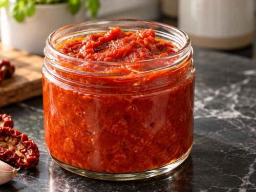 Italienische Tomatensauce cremig püriert in einem Topf mit Holzlöffel