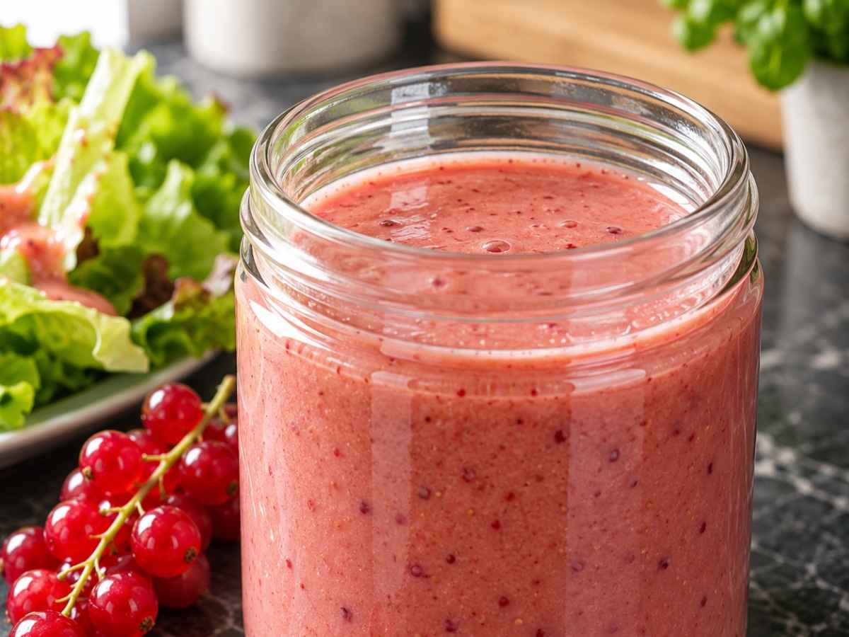 Nahaufnahme von cremigem Johannisbeerdressing mit sichtbaren Beerenstückchen