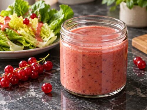 Johannisbeerdressing Fruchtiges Johannisbeerdressing im Glaskrug neben frischem Feldsalat auf einem Holztisch