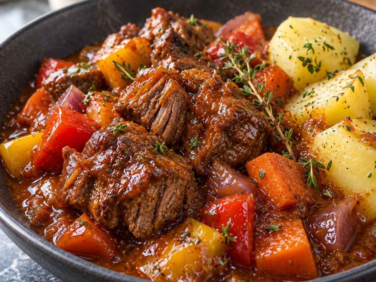 Nahaufnahme von zartem Kalbsbäckchen-Ragout in Metaxa-Sauce auf Bandnudeln, das Fleisch zerfällt an der Gabel
