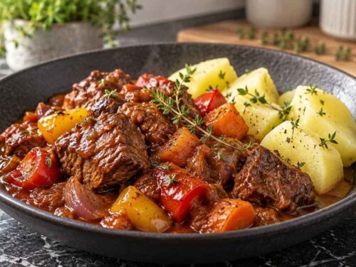 Kalbsbäckchen-Ragout in Metaxa-Sauce im Bräter mit Paprika, Möhren und Kräutern auf dem gedeckten Sonntagstisch