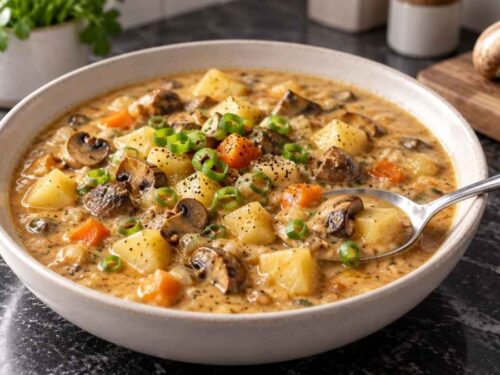 Kartoffeleintopf mit Champignons in einem großen Topf mit Frühlingszwiebeln und Bauernbrot daneben